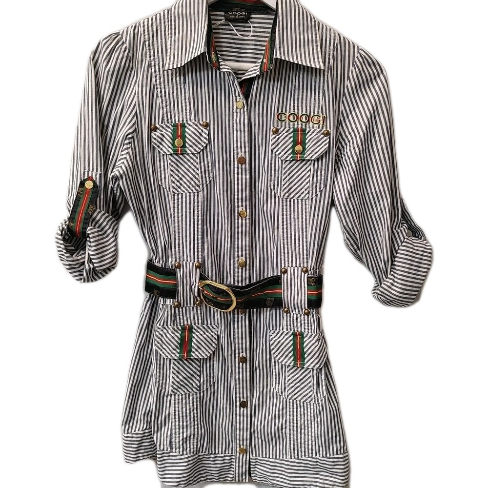 COOGI Women Sz‎ Small Striped Utility Shirt Dress Green Red Accent Gold Y2K